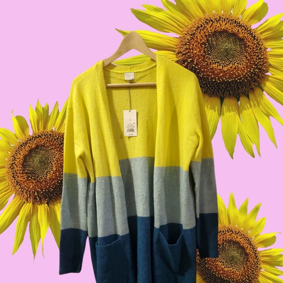 a new day Sweaters - A new day long open cardigan duster with pockets small canary yellow baby blue